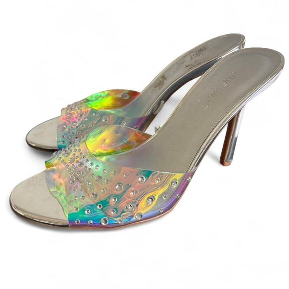 Y2K CLEAR RHINESTONE SILVER NINE WEST SPARKLE SANDALS HEELS SIZE 8. - Picture 2 of 7